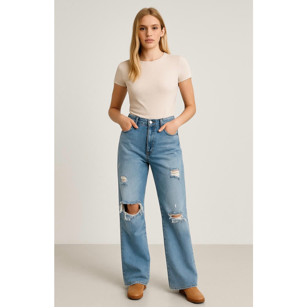 Women's Hollister Light Blue‎ Distressed Straight Leg Ripped Jeans 15 Y2K Grunge